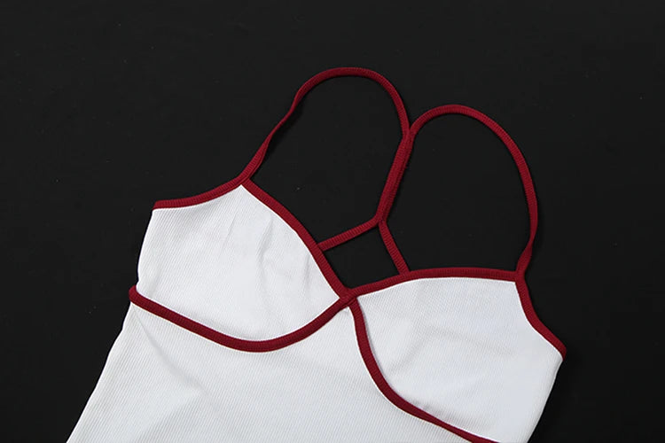 Patchwork Contrast Color Set With Backless Crop Top And Skinny Shorts