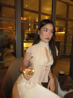 Sheer French-Style Chiffon Shirt with Ribbon Stand Collar Hollow-Out Front Placket Buttoned Waist-Cinching Short Top with Small Flutter Sleeves
