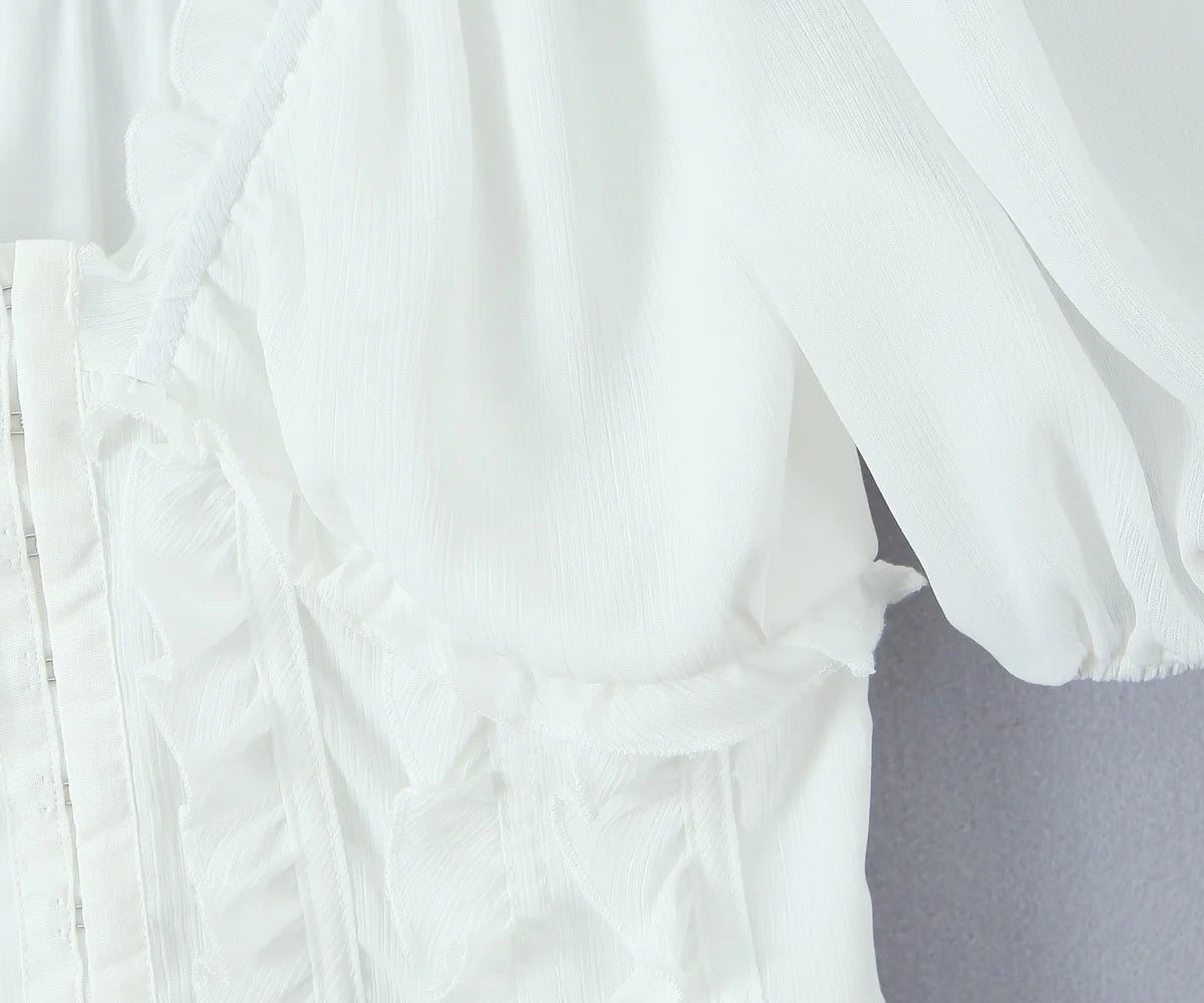 Sunlit Vintage Puff Sleeve V Neck White Chiffon Crop Top Blouse