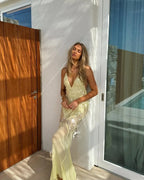 Sequin Deep V Neck Mermaid Maxi Dress Backless Sleeveless Lace Up Gown