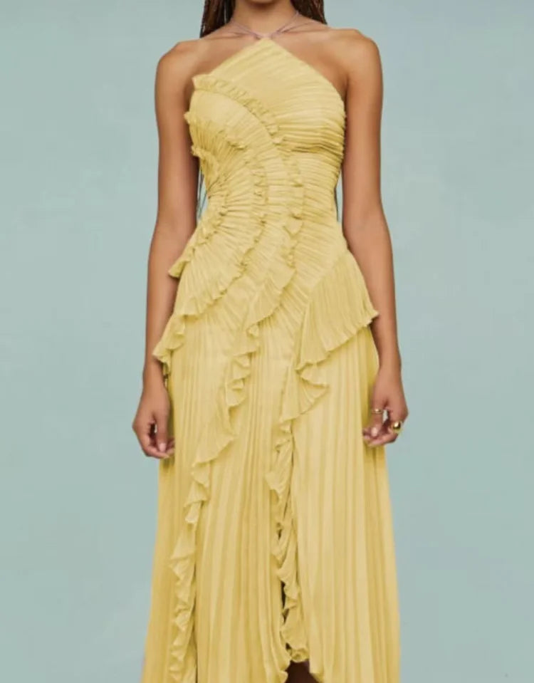Halter Gown In Chiffon With Backless Ruffles