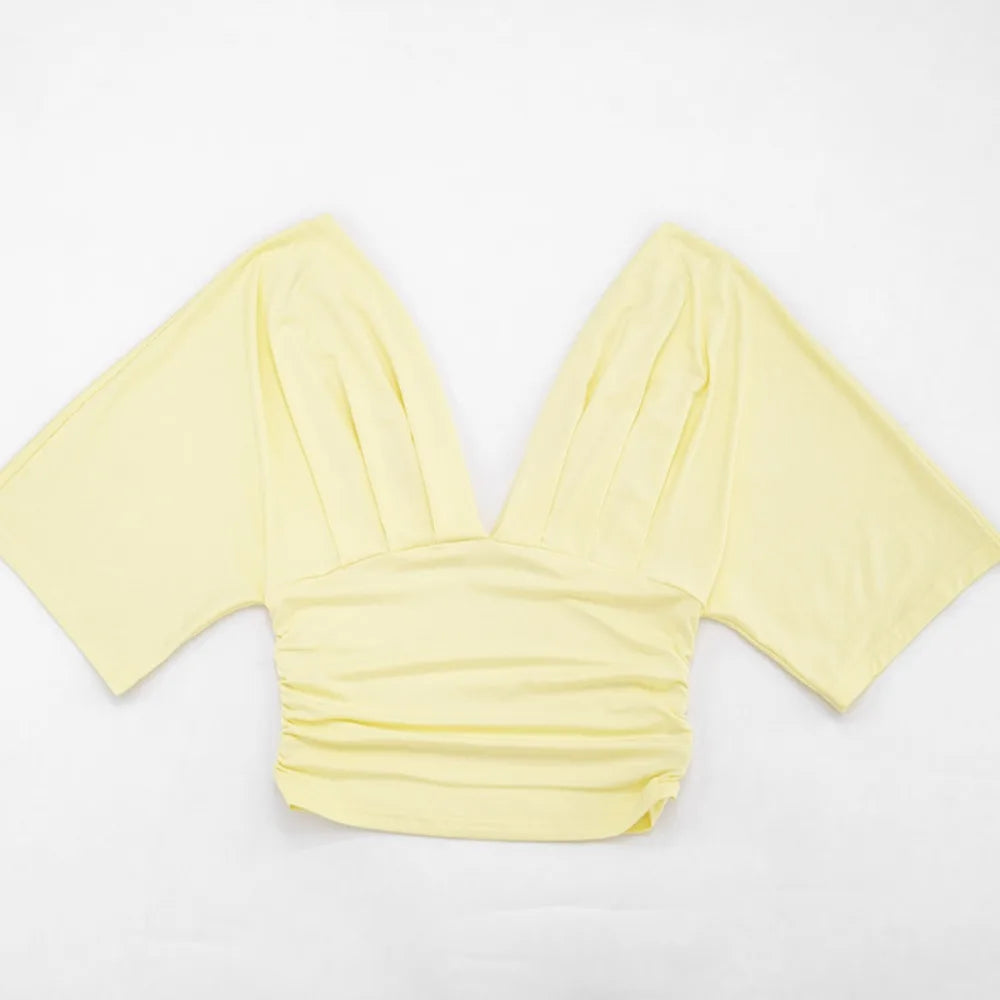 Two Piece Solid Color Set With Deep V Neck Ruched Crop Top And Capri Pants