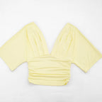 Two Piece Solid Color Set With Deep V Neck Ruched Crop Top And Capri Pants