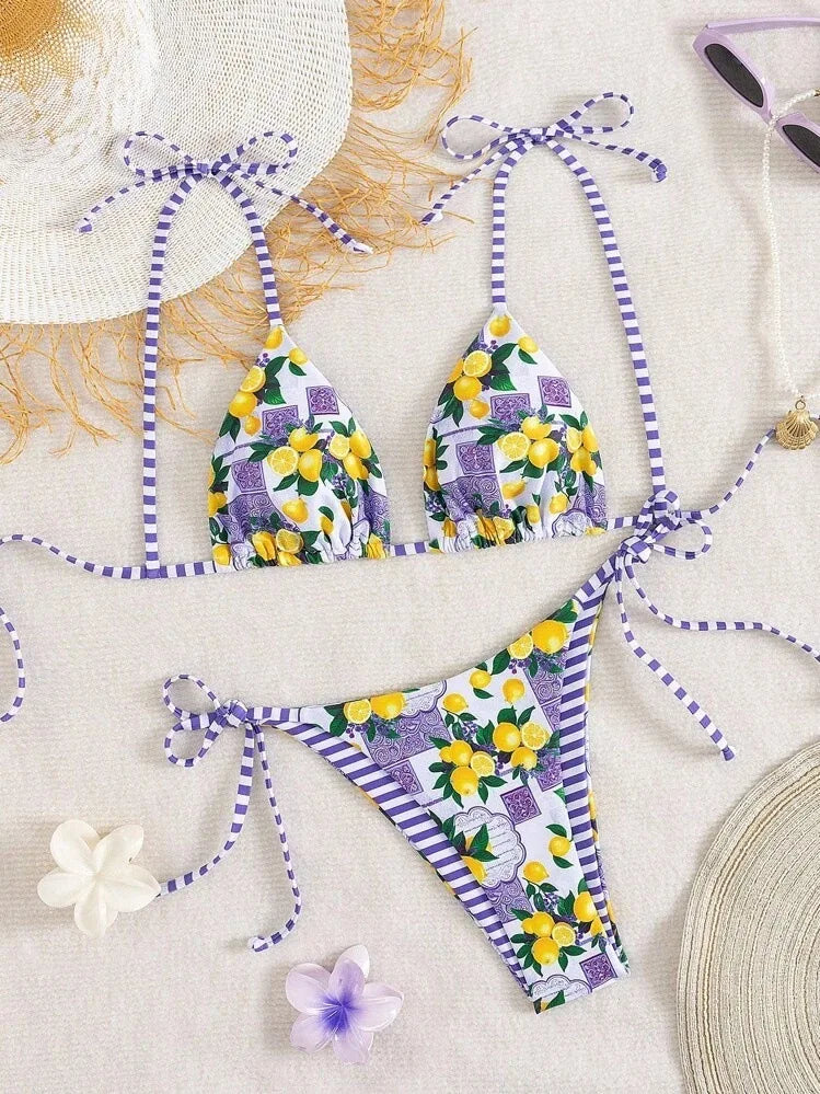 Sexy Fruits Pprint Striped Bikinis Set Two-pieces Back Tie Thong
