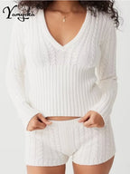 Sexy Vintage Hooded Knitted Long Sleeve Set