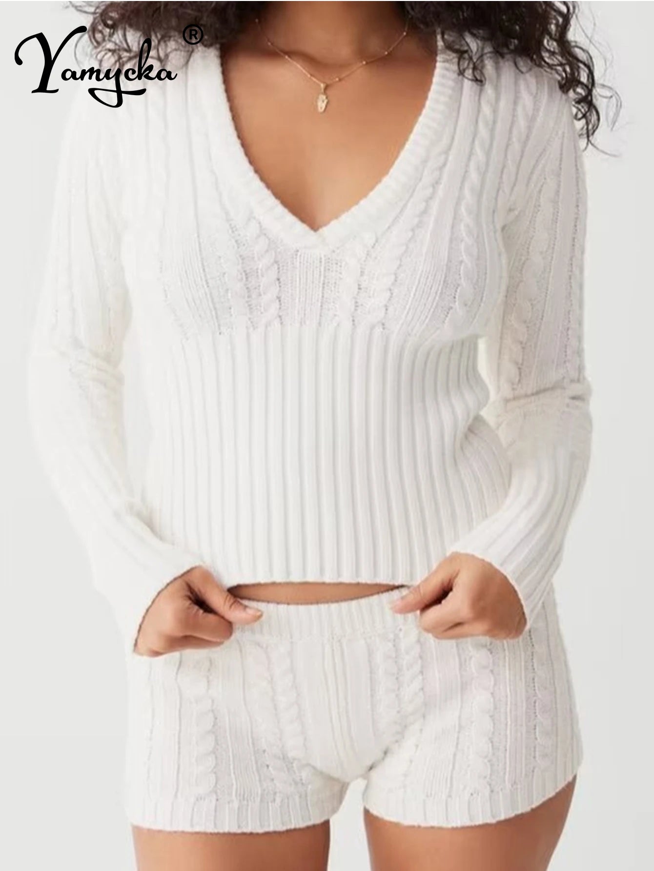 Sexy Vintage Hooded Knitted Long Sleeve Set