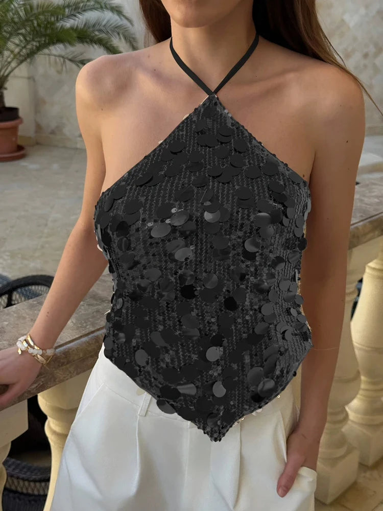 Backless Glitter Halter Tank Top With Sequin Design