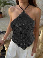 Backless Glitter Halter Tank Top With Sequin Design