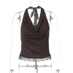Backless Halter Knit Tank With Lace Up Details And Swing Collar