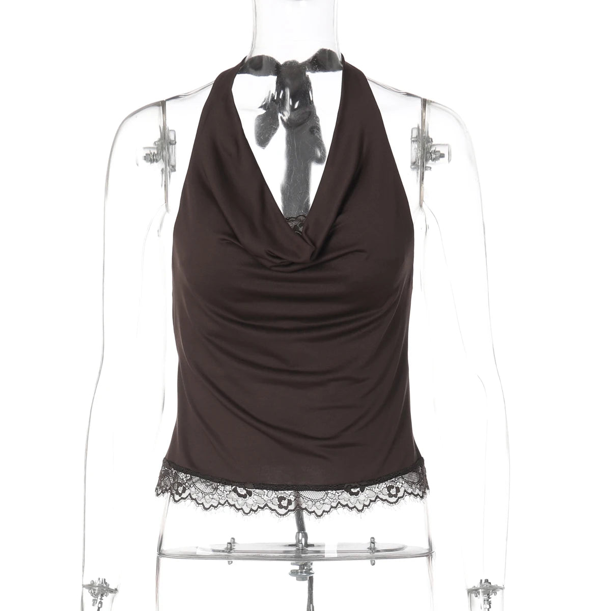 Backless Halter Knit Tank With Lace Up Details And Swing Collar