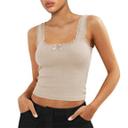 Coquette Lace Trim Knit Crop Top With Bow Sleeveless Square Collar