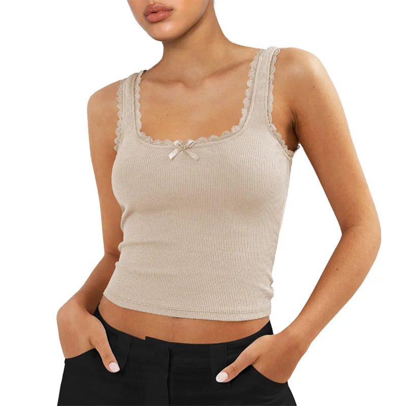 Coquette Lace Trim Knit Crop Top With Bow Sleeveless Square Collar