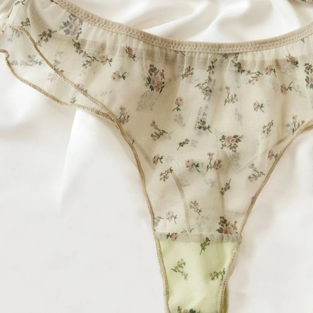 French Ultra Thin Lace Floral Lingerie Set With Plunge Mesh Bra And Matching Thong