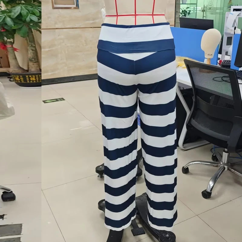 Striped Fold Over Lounge Pants For Women Wide Leg Flare Trousers Cozy Relaxed