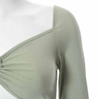 Hollow Out V Neck Ribbed Backless Crop Top With Long Sleeves And Square Collar