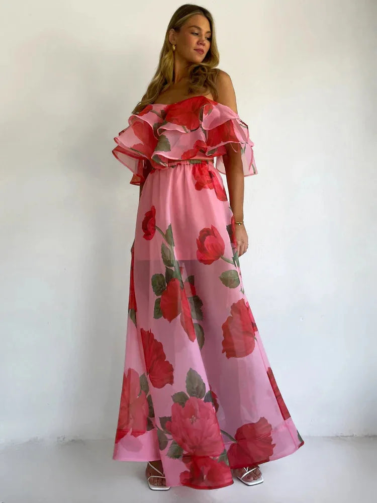 Sexy Print Asymmetrical Hem Long Skirt Set Fashionable Sleeveless Women's Polyester Fabric Casual Leisure Suit