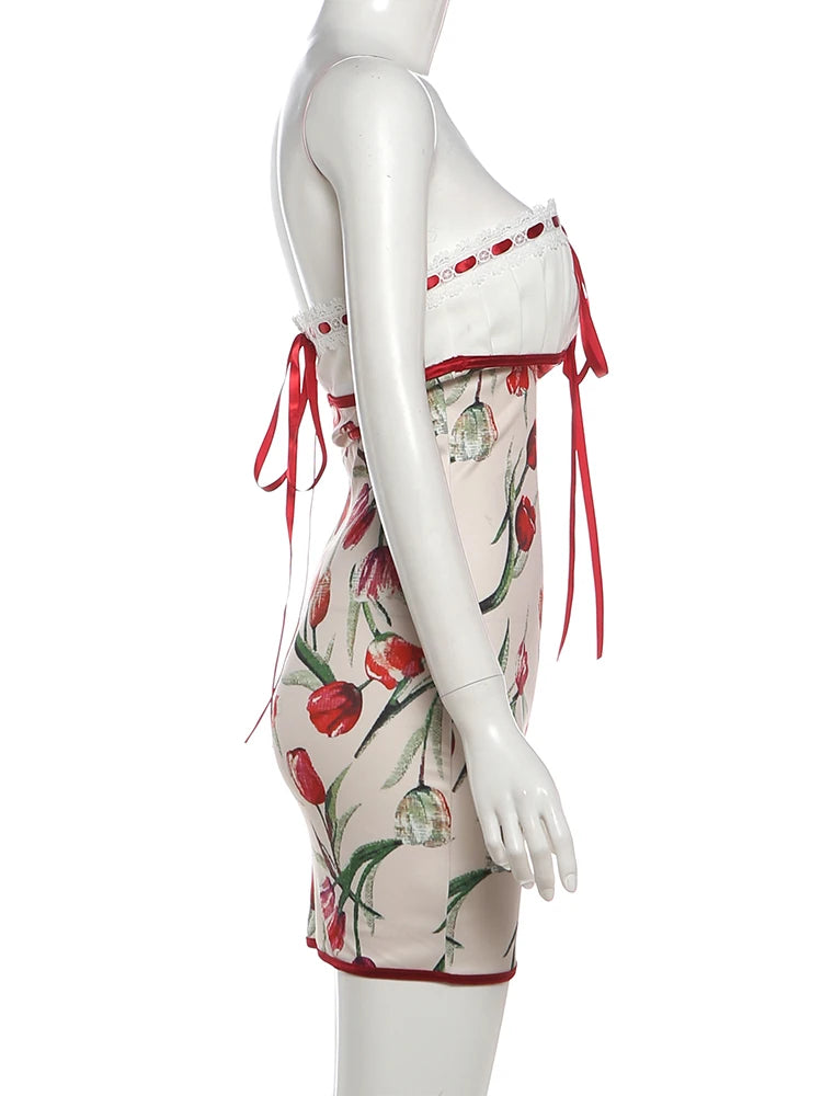 Ribbon Bow Women Lace Patchwork Art Print Folds Mini Body-con Dress