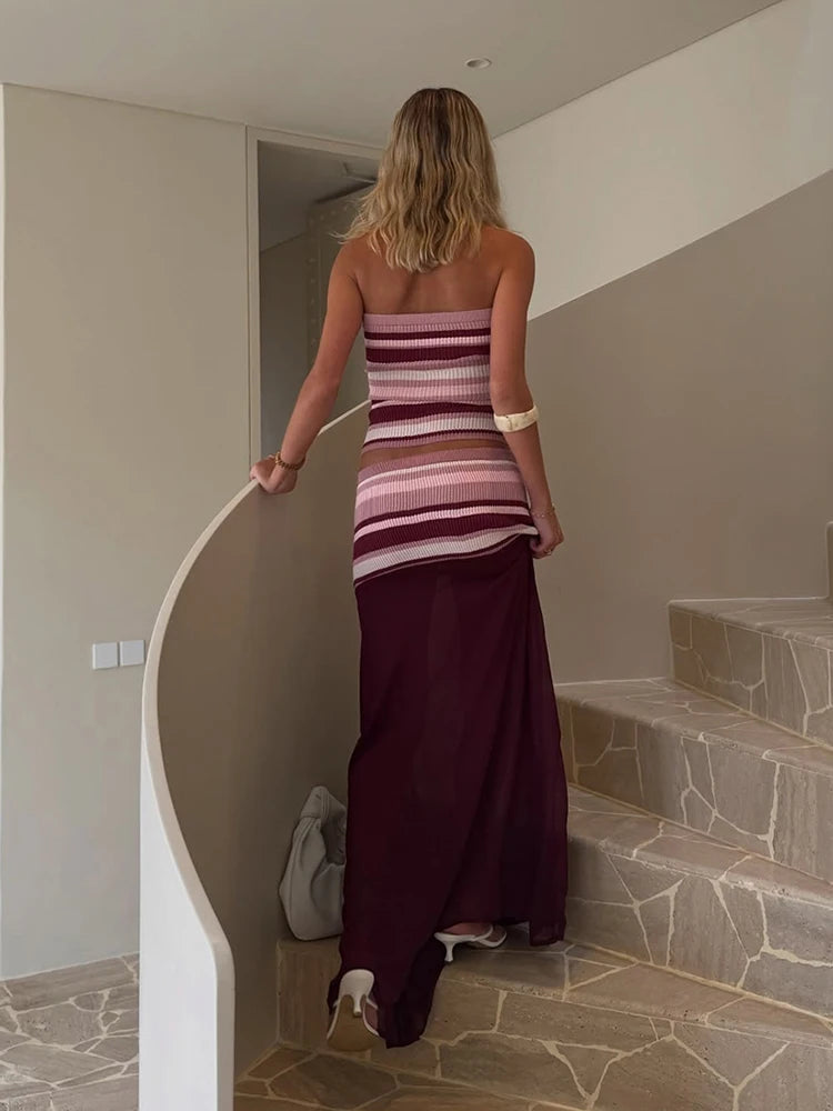 Striped Knit Two Piece Set With Mesh Patchwork Long Skirt