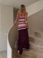 Striped Knit Two Piece Set With Mesh Patchwork Long Skirt