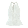 Sexy White Bow Halter V neck Open Buttons Slim Tank Top Women Spliced Ruffles Lace Hem Sleeveless Backless