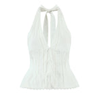 Sexy White Bow Halter V neck Open Buttons Slim Tank Top Women Spliced Ruffles Lace Hem Sleeveless Backless