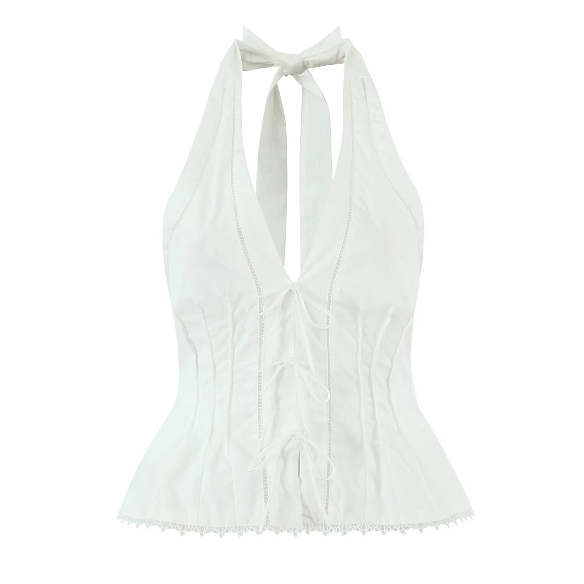 Sexy White Bow Halter V neck Open Buttons Slim Tank Top Women Spliced Ruffles Lace Hem Sleeveless Backless