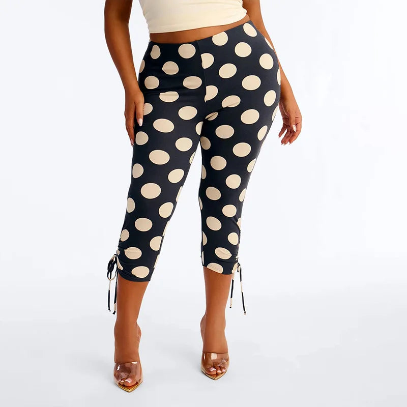 Polka Dot Patchwork Capri Pants With Drawstring Waist