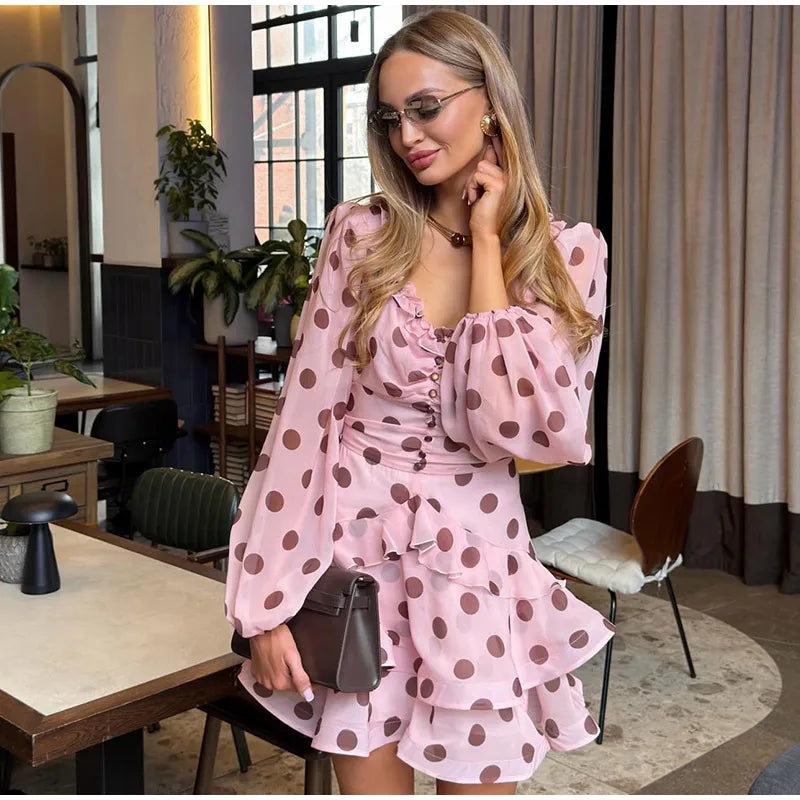 Polka Dot Pink Ruffle Sleeve S Line Dress For Women Elegant Gown
