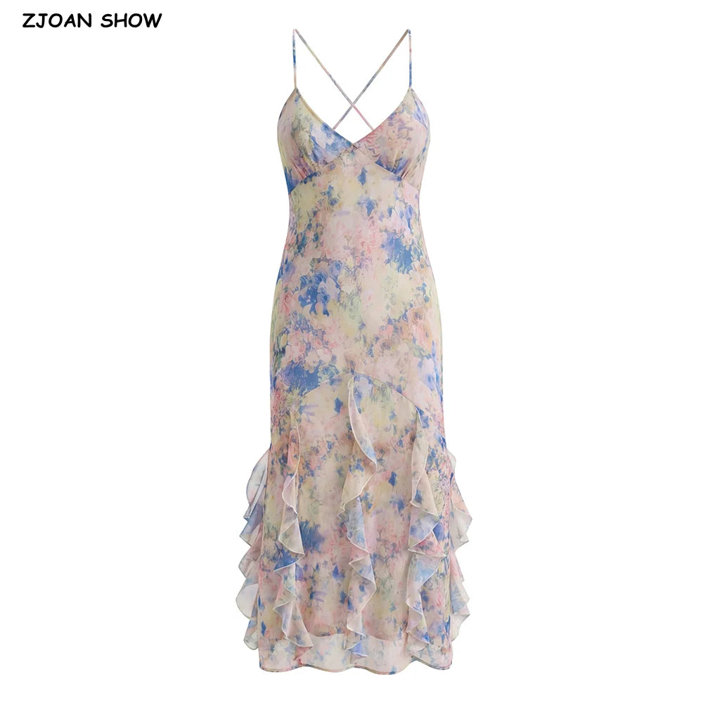 Gradient Floral Ruffles Chiffon Dress With V Neck Backless