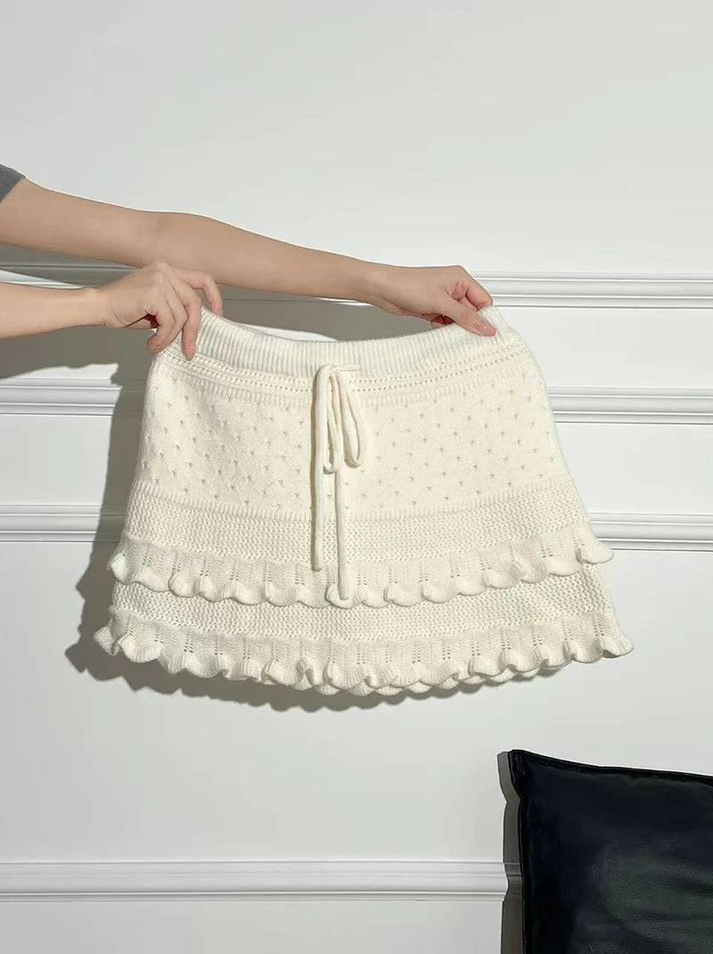 Patchwork Knit Mini Skirt With High Waist Ruffle And Hollow Out Details