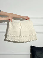 Patchwork Knit Mini Skirt With High Waist Ruffle And Hollow Out Details