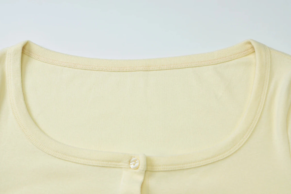 Square Collar Crop Top With Long Flare Sleeves And Button Details