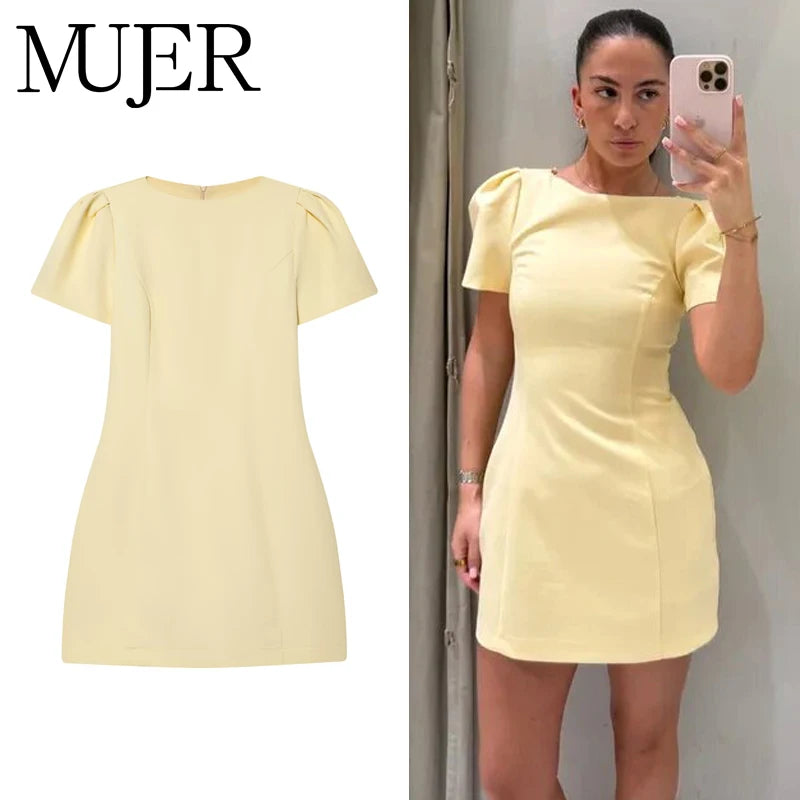 Pleated Mini Dress For Women Elegant Short Sleeve