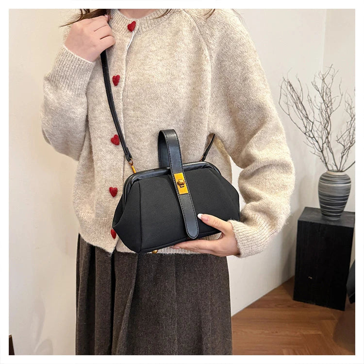 Luxe Faux Suede Frame Shoulder Bag With PU Accent Elegant Crossbody