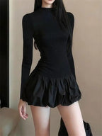 Black Long Sleeve Dress With High Collar And Puffy Silhouette