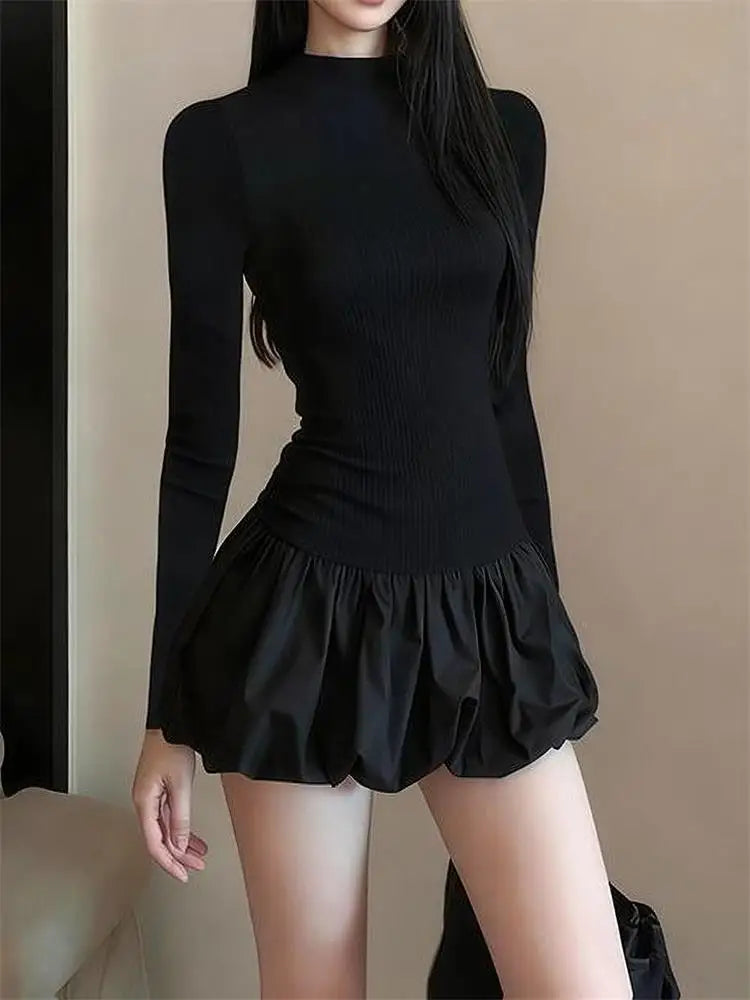 Black Long Sleeve Dress With High Collar And Puffy Silhouette