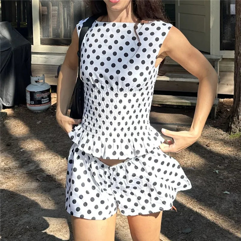 Vintage Chic Polka Dot Set Sleeveless Tank Top With Elastic Waist Shorts