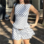 Vintage Chic Polka Dot Set Sleeveless Tank Top With Elastic Waist Shorts