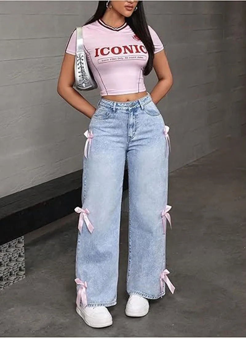 Street Chic Bowknot Denim Jeans With Loose Straight Wide Leg Silhouette In Washed Finish