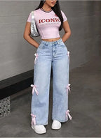 Street Chic Bowknot Denim Jeans With Loose Straight Wide Leg Silhouette In Washed Finish