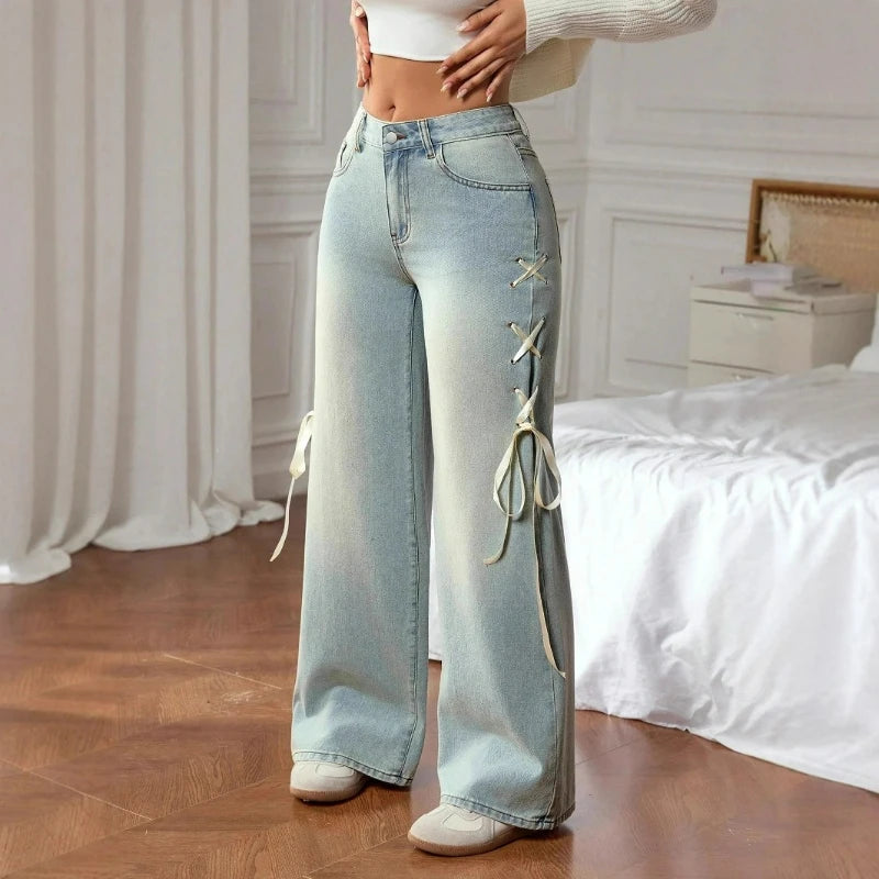 Washed Denim Wide Leg Pants With Lace Up Detail Pockets