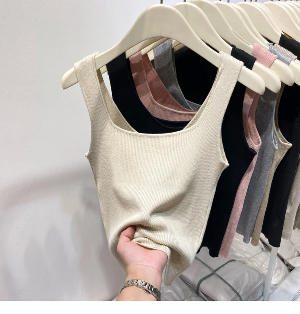 Knitted Strap Top With Clavicle Square Collar