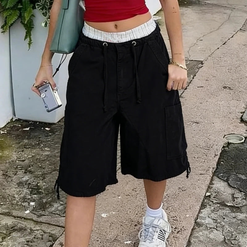 Retro Vintage Y2K Cargo Jean Drawstring Low Rise Baggy Denim Cyber Grunge Shorts