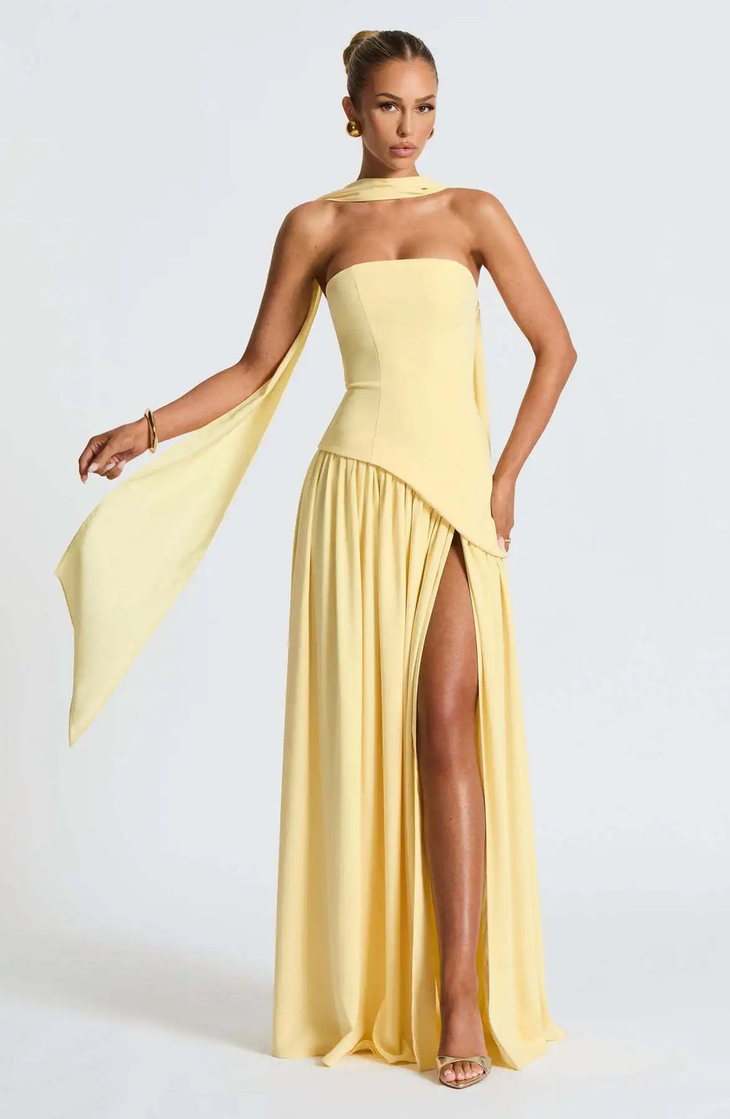 Elegant Off-Shoulder Evening Gown With Patchwork Pleats And Scarf Neck High Split Long Dress