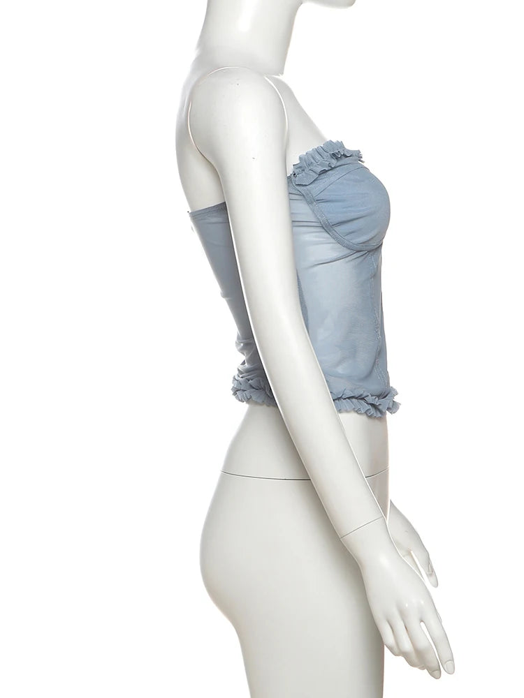 See Through Patchwork Strapless Top With Fishbone Detail Backless Fashion