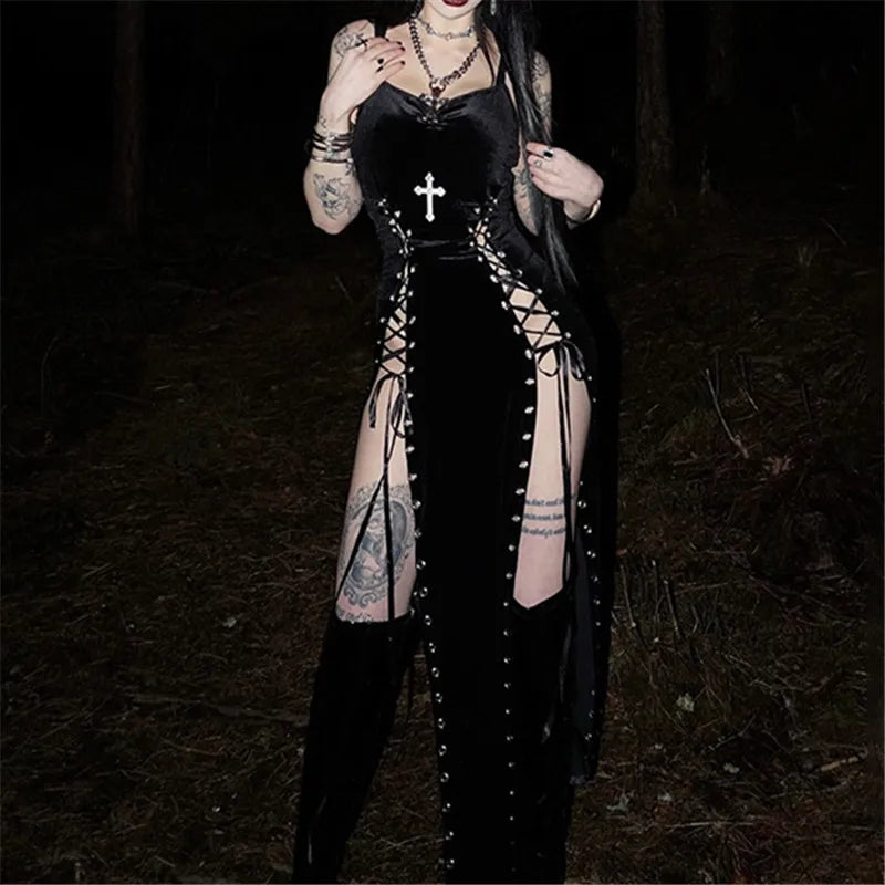 Velvet Gothic Gown With High Split Hem And Straps