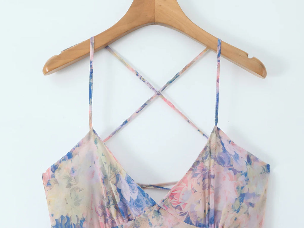Gradient Floral Ruffles Chiffon Dress With V Neck Backless