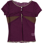 Sexy Mesh Patchwork Button o-Neck Mini Sleeve Top