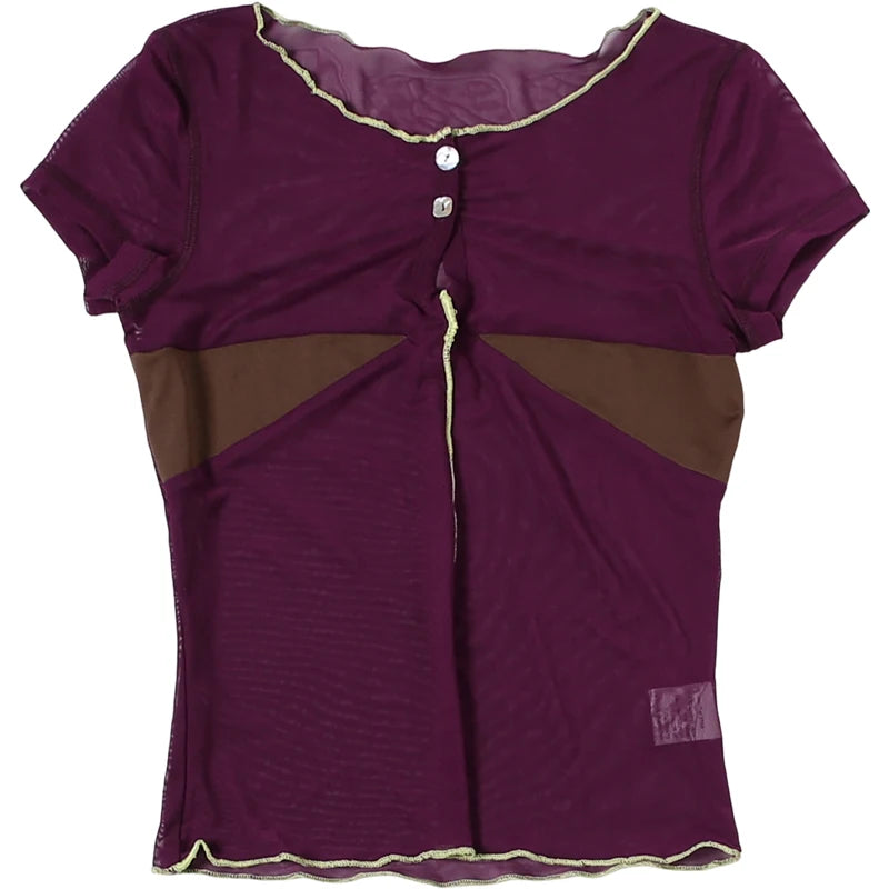 Sexy Mesh Patchwork Button o-Neck Mini Sleeve Top