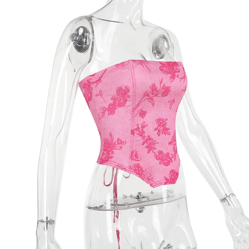 Strapless Printed Corset Top With Lace Up Details Hollow Out